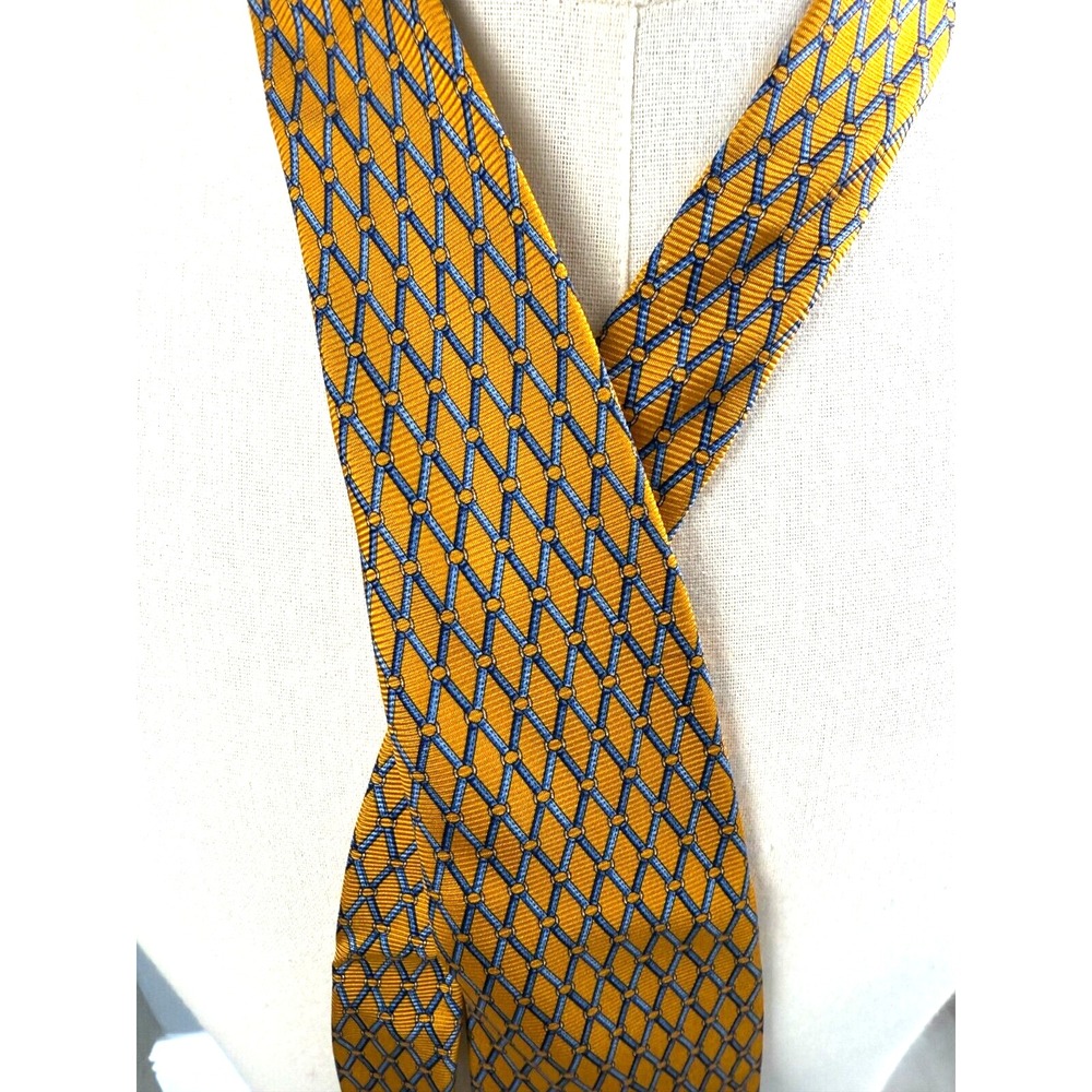 Brooks Brothers Makers Mens Silk Tie Gold Blue Geometric Lattice Made in USA